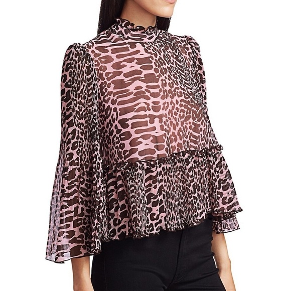 Ganni Tops - Ganni Pleated Animal Print Ruffled Trim Candy Pink Georgette Blouse EU 34 US S/6